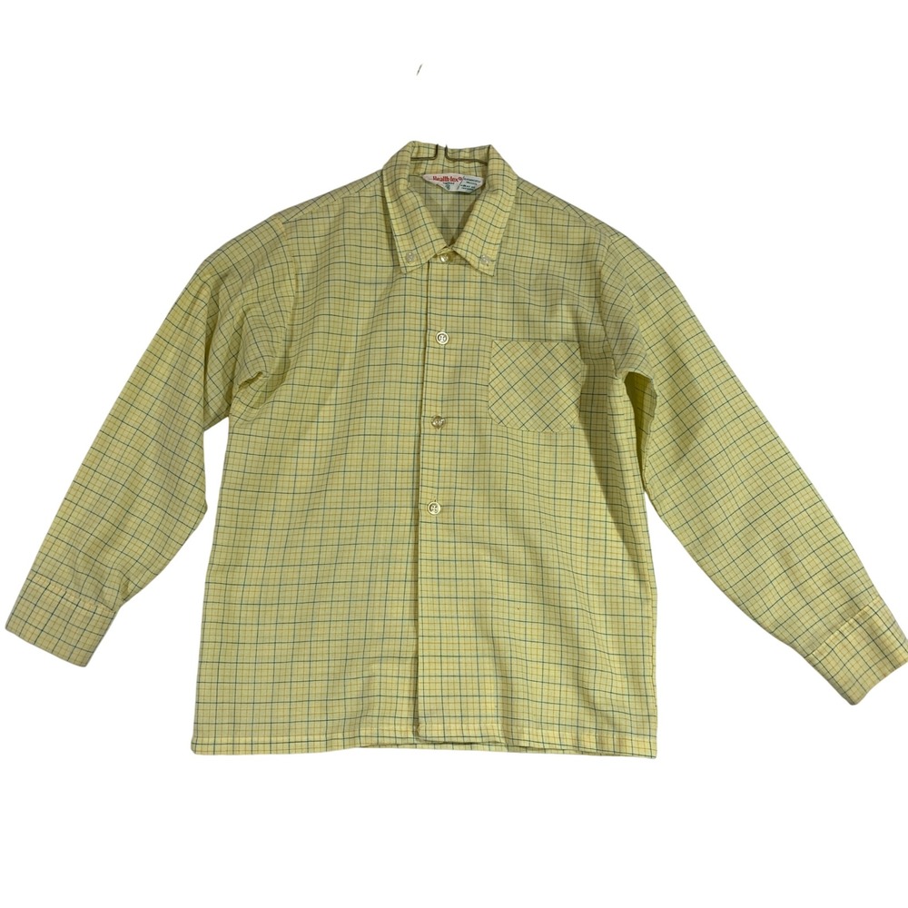VTG Health-tex 70s Kids Shirt Size 8 Yellow Plaid Long Sleeve Button Up Costume